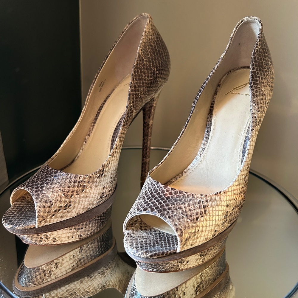 Peep-Toe Platform Pumps in Neutral Snake Print